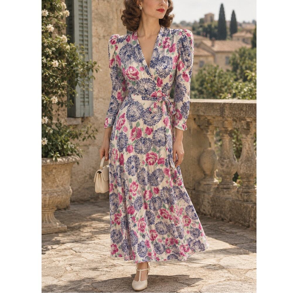 Vintage 1940s White Pink Blue Floral Silk Satin Midi Long Sleeve Wrap Dress